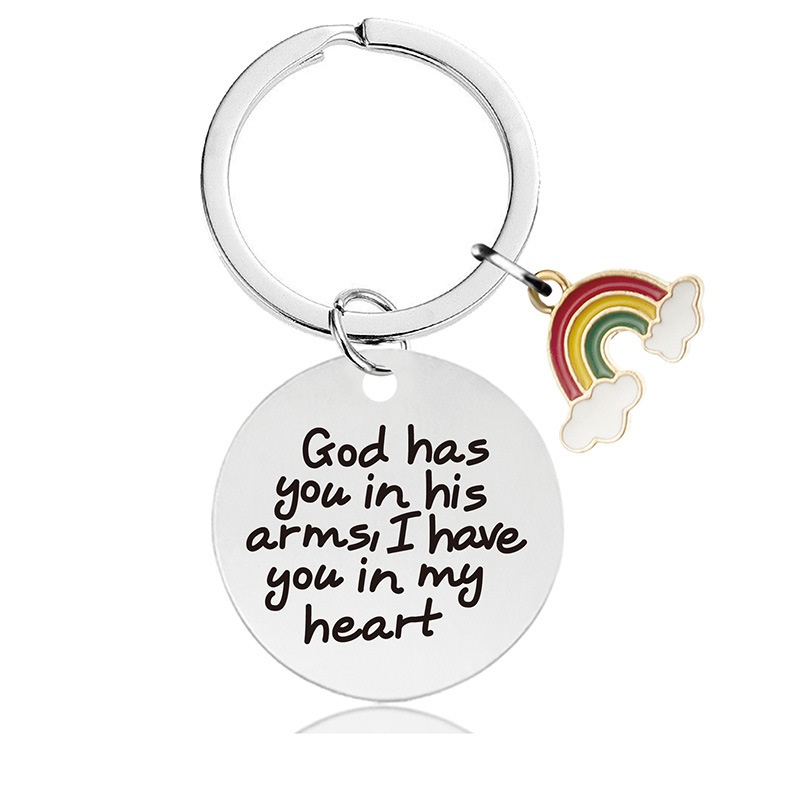 Stainless steel round engraved valentine's Day gift rainbow metal key chain