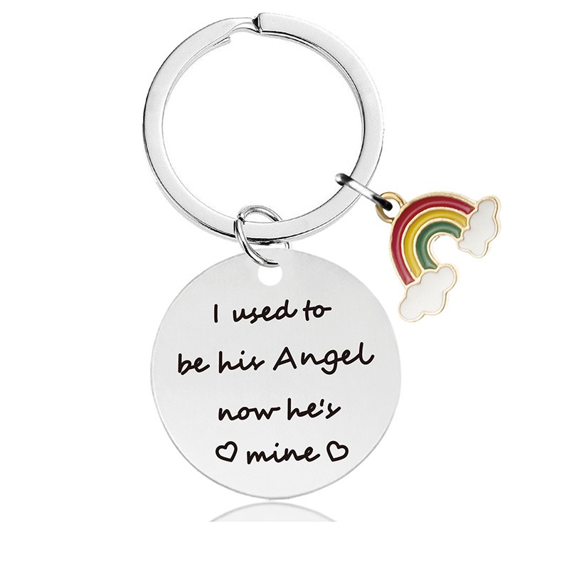 Stainless steel round engraved valentine's Day gift rainbow metal key chain