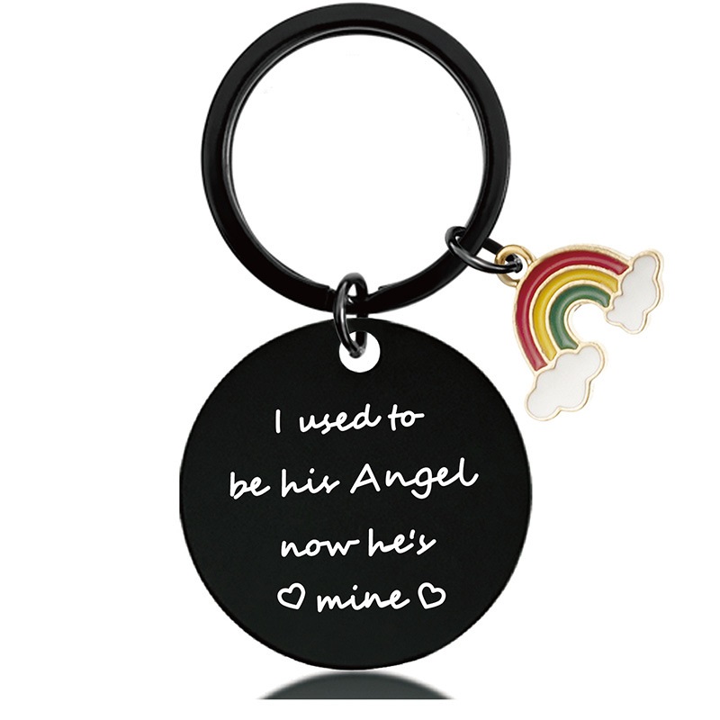 Stainless steel round engraved valentine's Day gift rainbow metal key chain