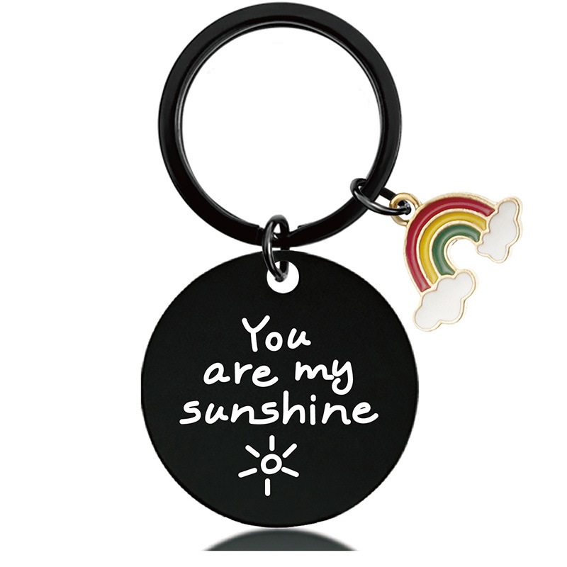 Stainless steel round engraved valentine's Day gift rainbow metal key chain