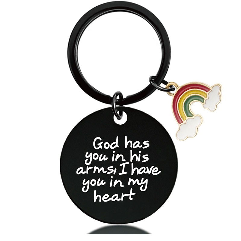 Stainless steel round engraved valentine's Day gift rainbow metal key chain