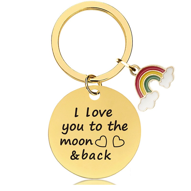 Stainless steel round engraved valentine's Day gift rainbow metal key chain