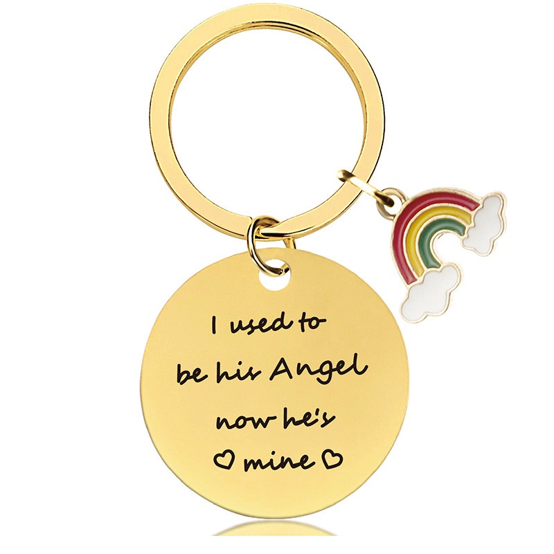 Stainless steel round engraved valentine's Day gift rainbow metal key chain